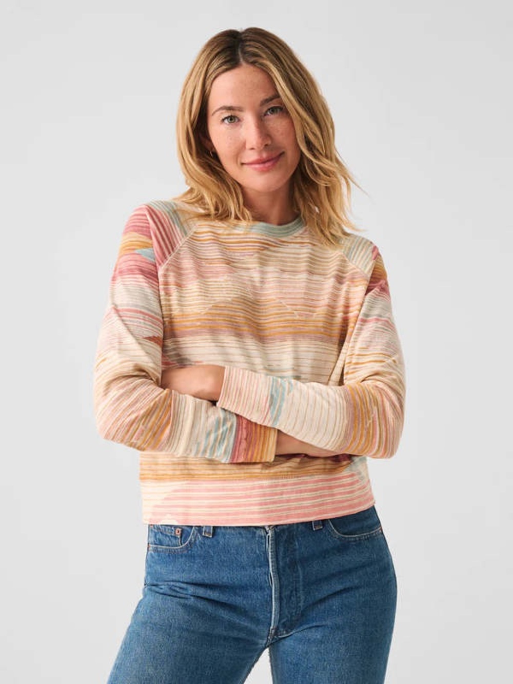 Faherty Women’s Sunwashed Slub Crewneck Size Large Stripe Landscape Organic NWOT - Picture 1 of 7